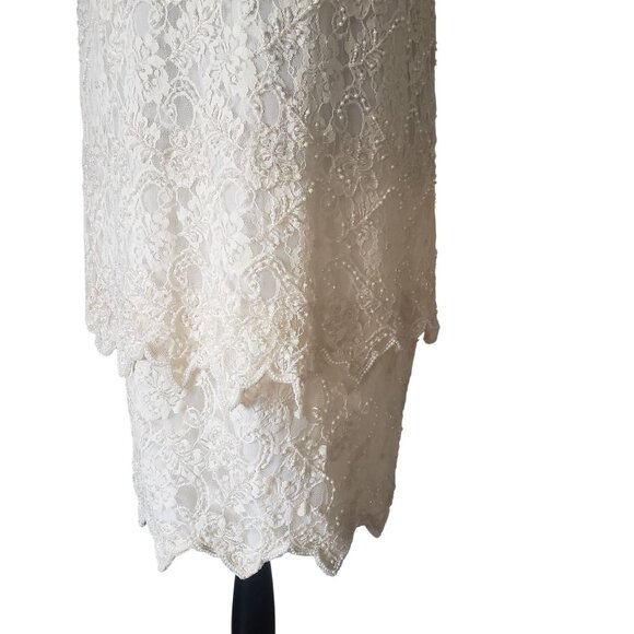 Vintage 80s Beaded Tiered White Cream Shift Dress Size M Wedding Elegant - Picture 9 of 13